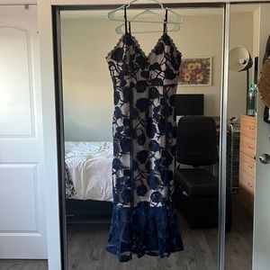Lulu’s Alluring Dream Navy Blue Floral Mesh Lace Trumpet Midi Dress